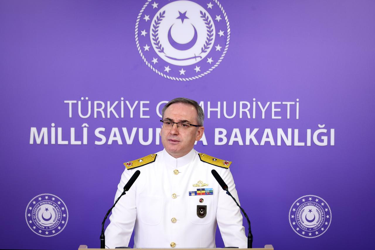 Rear Admiral Zeki Akturk, Press and Public Relations Advisor and Spokesperson of the Ministry of National Defense, makes statements at the weekly press briefing held at the ministry on May 22, 2025. (AA Photo)
