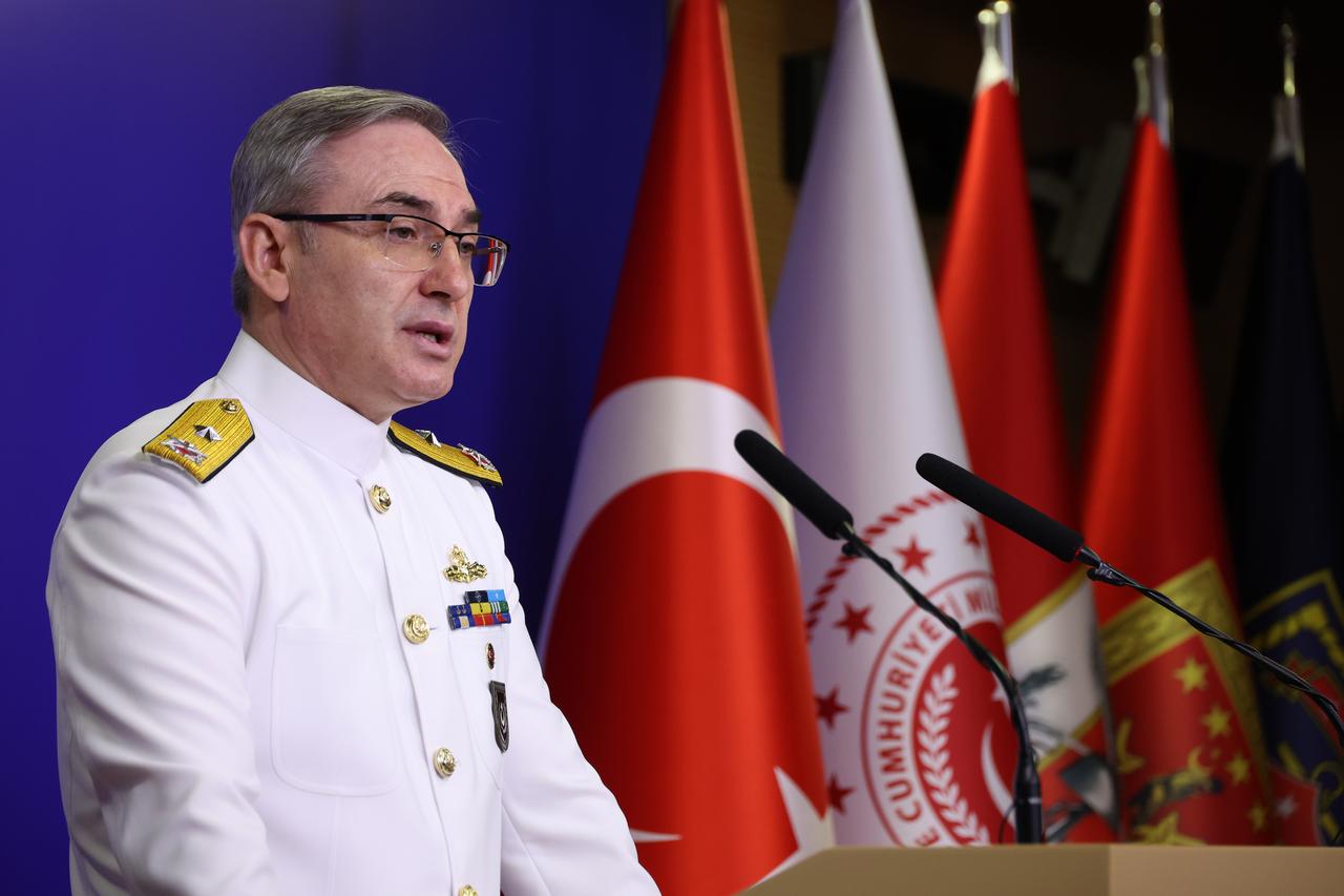 Rear Admiral Zeki Akturk, Press and Public Relations Advisor and Spokesperson of the Ministry of National Defense, makes statements at the weekly press briefing held at the ministry on May 22, 2025. (AA Photo)