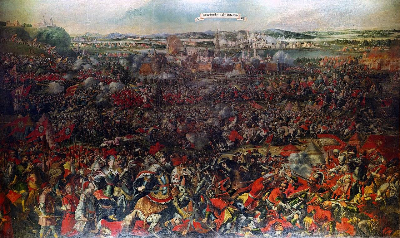 The image shows painting of Pauwels Casteels on Battle of Vienna, also known as the War of the Holy League. It was a conflict between the Ottoman Empire and an alliance of European powers led by the Habsburgs, which lasted from 1683 to 1699. 