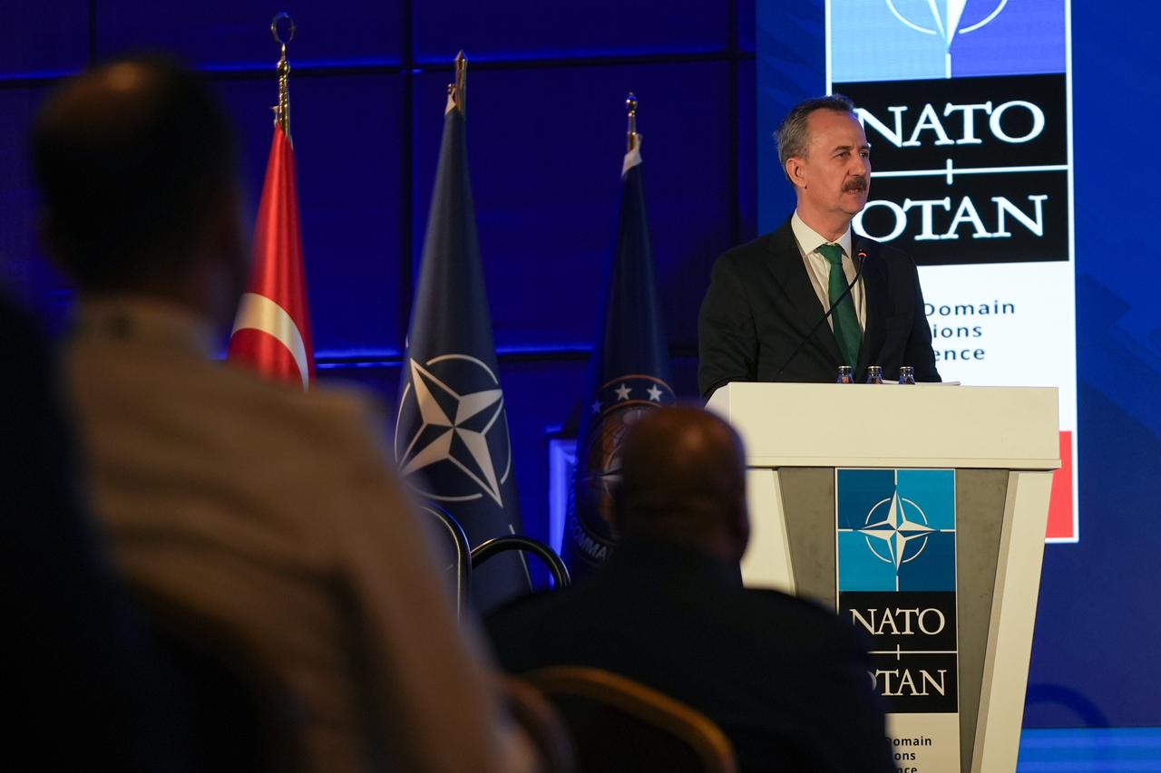 Turkish Presidential Defense Industry President Haluk Gorgun makes a speech during the NATO Allied Command Transformations annual NATO Multimedia Operations Conference, held with the theme Exploring the Future of Warfare: The Role of Multimedia Operations in Shaping the Theater of Operations  in Ankara, Türkiye on May 21, 2025. (AA Photo)