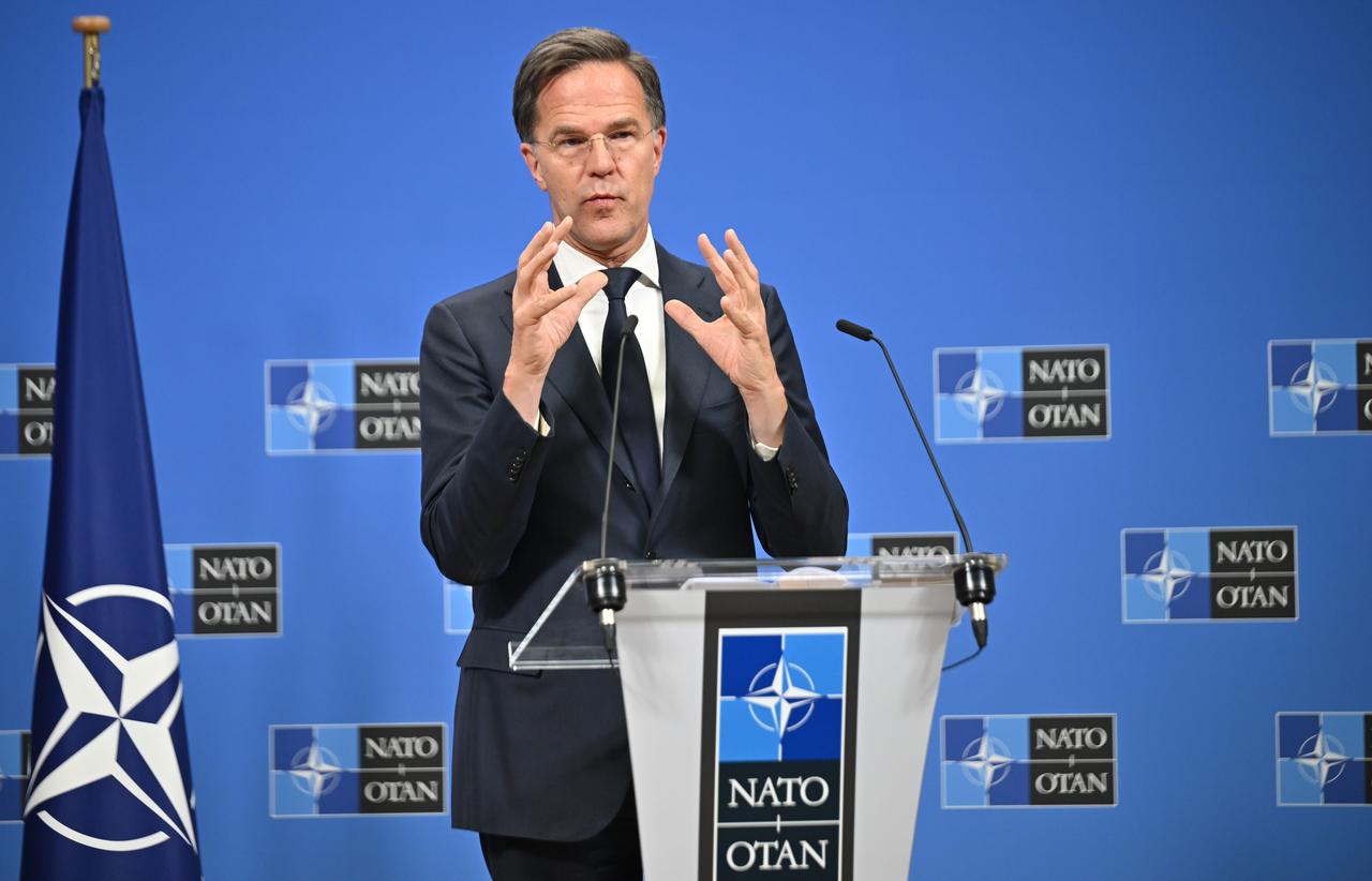 BRUSSELS, BELGIUM - MAY 21: NATO Secretary General Mark Rutte and Dutch Prime Minister Dick Schoof hold a joint press conference at NATO headquarters in Brussels, Belgium on May 21, 2025.  ( Dursun Aydemir - Anadolu Agency )