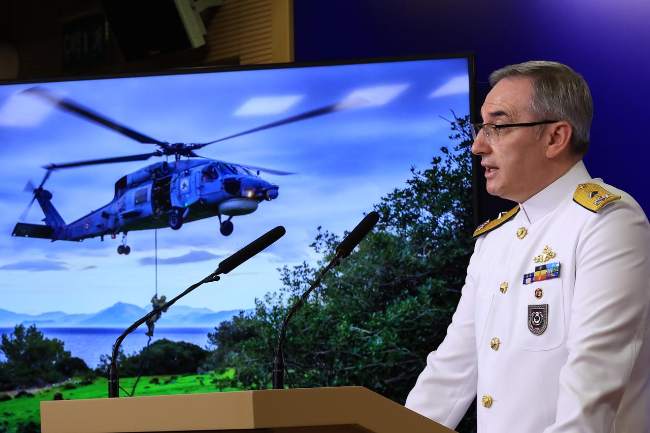 Rear Admiral Zeki Akturk, Press and Public Relations Advisor and Spokesperson of the Ministry of National Defense, makes statements at the weekly press briefing held at the ministry on May 22, 2025. (AA Photo)