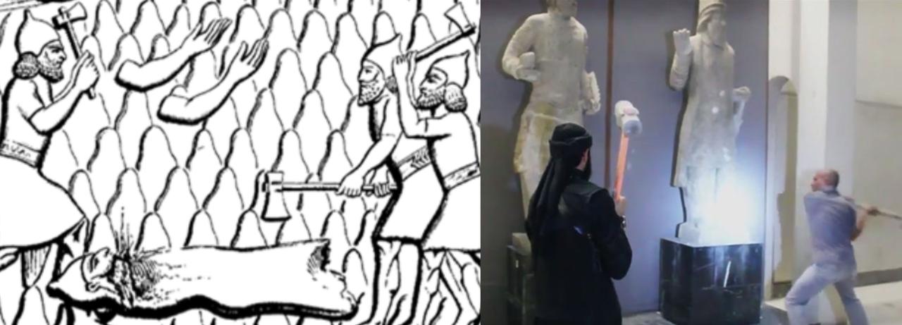 Assyrian soldiers damage a statue during the sacking of the temple of the god Haldi in Musasir by Sargon II (L); In 2015, terrorists damaged thousands of years old statues in a museum in Nineveh, Iraq (R). (Photo collage by Türkiye Today team)