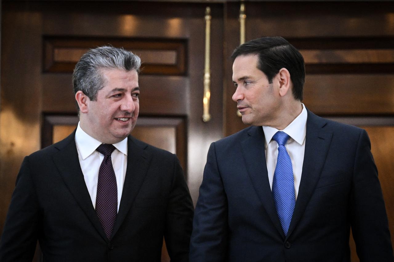 US Secretary of State Marco Rubio (R) walks with Iraqi Kurdistan Regional Government Prime Minister Masrour Barzani as they meet at the State Department in Washington, DC, on May 23, 2025. (AFP Photo)
