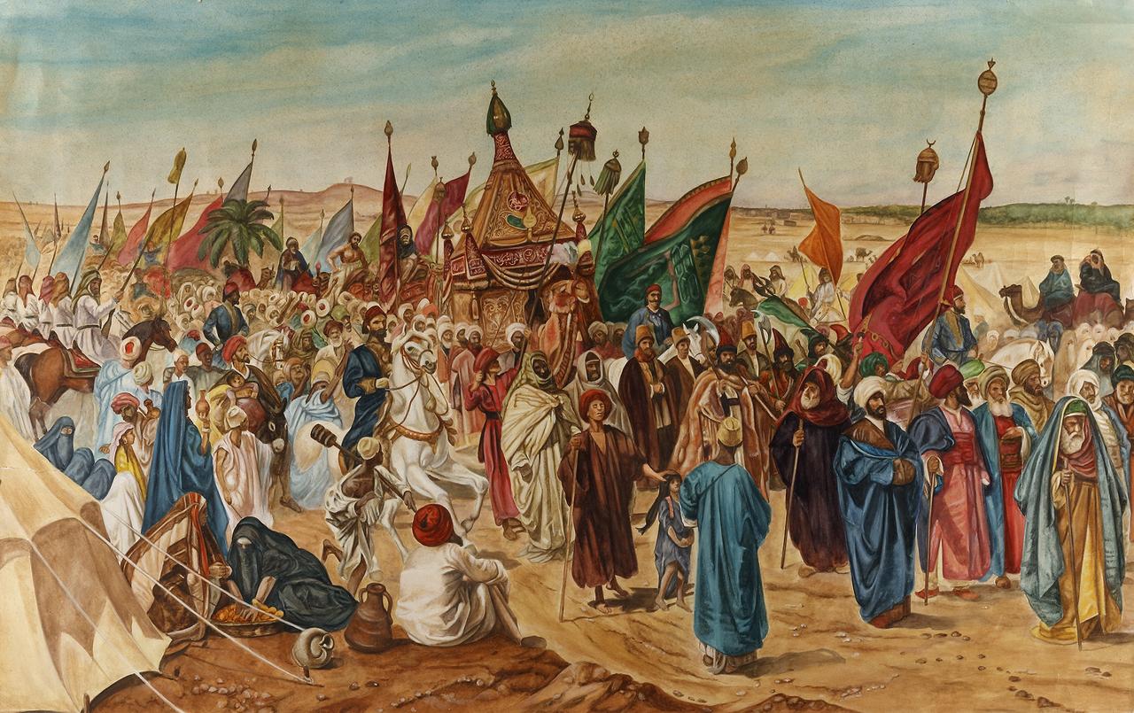 An Ottoman painting of Hajj caravan coming from Damascus to Mecca. Colors on paper depicting people going to Hajj in Mecca accompanied by Bedouins as guards during the trip with Ottoman officers, accessed on May 24, 2025. (Photo via Oriental Art Auctions)