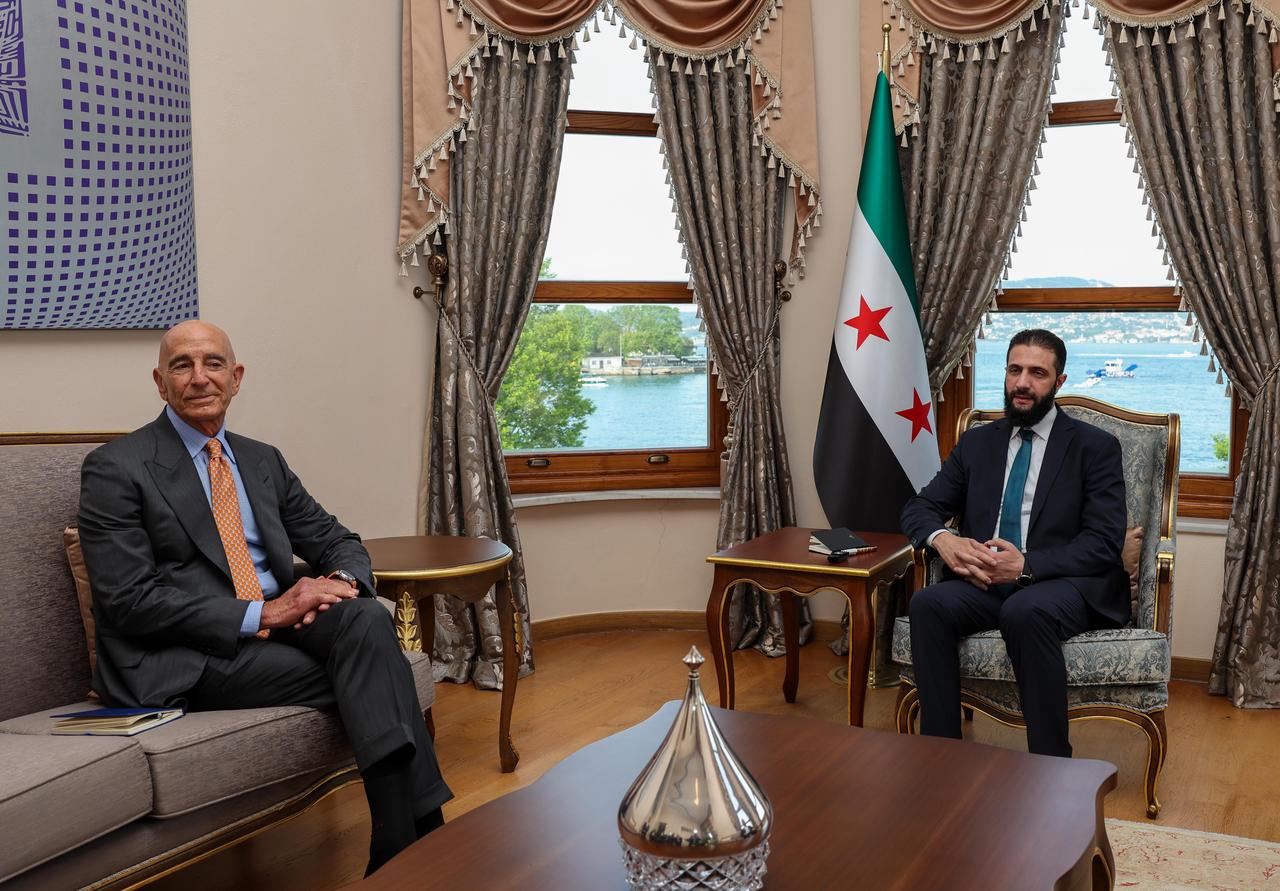 Syrian President Ahmed Al-Sharaa meets with U.S. Ambassador to Türkiye Thomas Barrack in Istanbul, Türkiye on May 24, 2025. (AA Photo)