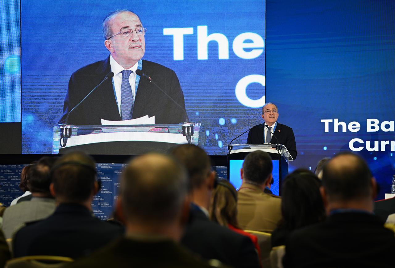 BUCHAREST, HUNGARY - MAY 23: Turkish Deputy Defense Minister Suay Alpay speaks during the opening panel of the Black Sea and Balkans Security Forum in Bucharest, Hungary on May 23, 2025. Alpay reaffirmed Turkiye’s commitment to Black Sea security through regional cooperation, energy integration, and support for lasting peace in Ukraine, during the opening panel of the Forum. ( Hakan Nural - Anadolu Agency )