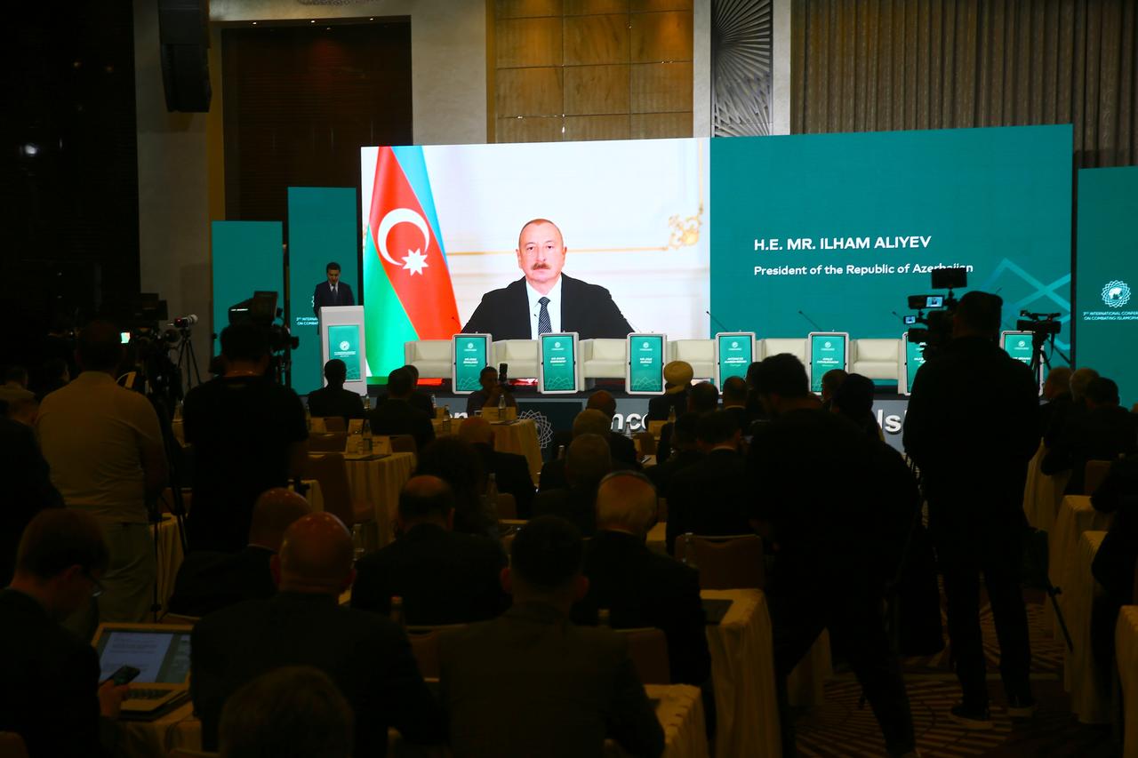 Azerbaijani President Ilham Aliyev addresses the 3rd Conference on Combating Islamophobia in Baku, Azerbaijan on May 26, 2025. (AA Photo)