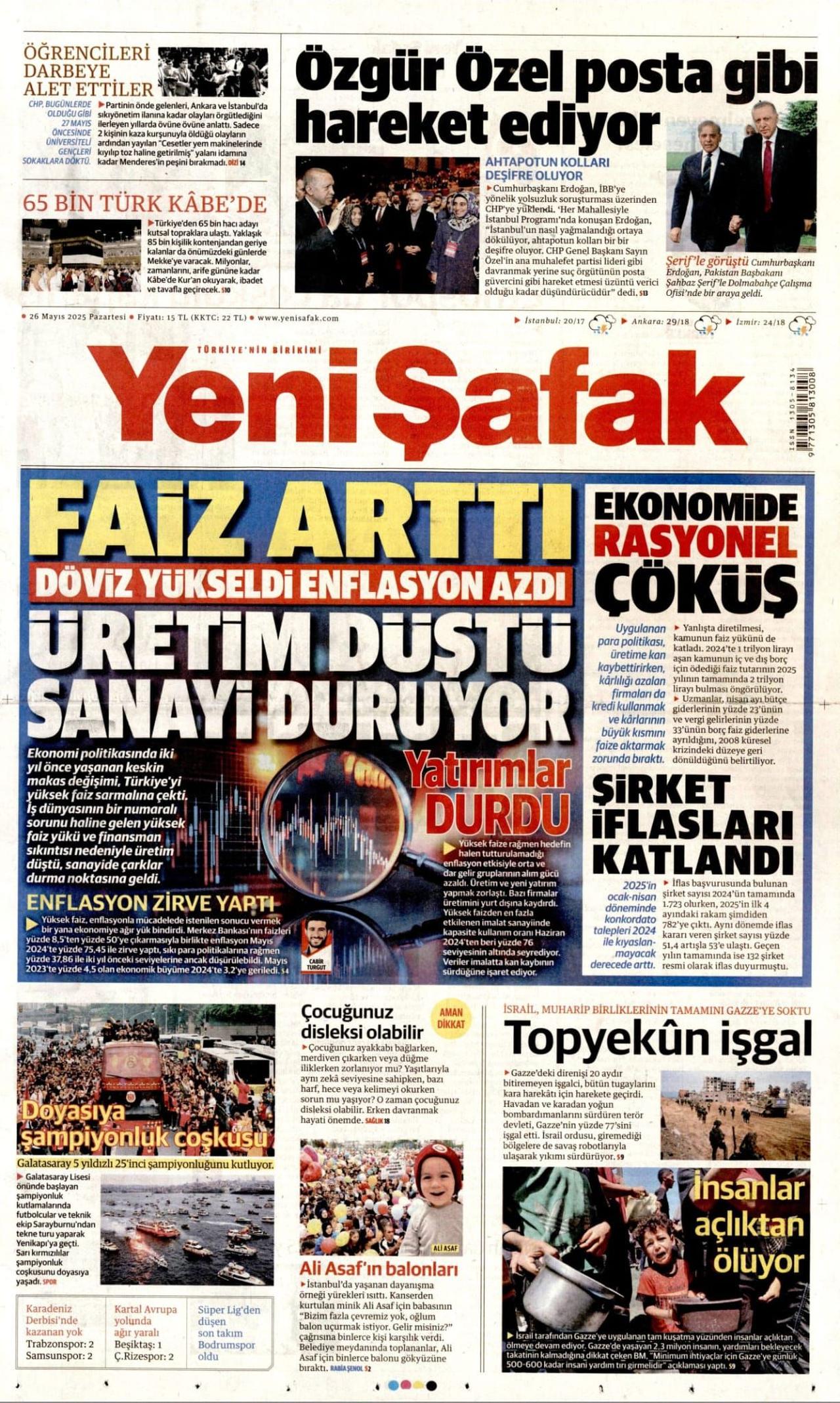 Yeni Safak's front page on May 26, 2025. (Source: gazeteoku.com)
