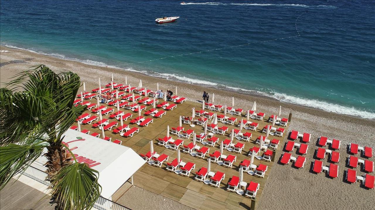 A drone photo shows a beach of Antalya, which has 202 blue flag certification awarded beaches, on May 10, 2019 in Antalya, Turkey. One of the world's prominent destinations for tourism, Antalya has the most blue flag certification awarded beaches in the world. (AA Photo)