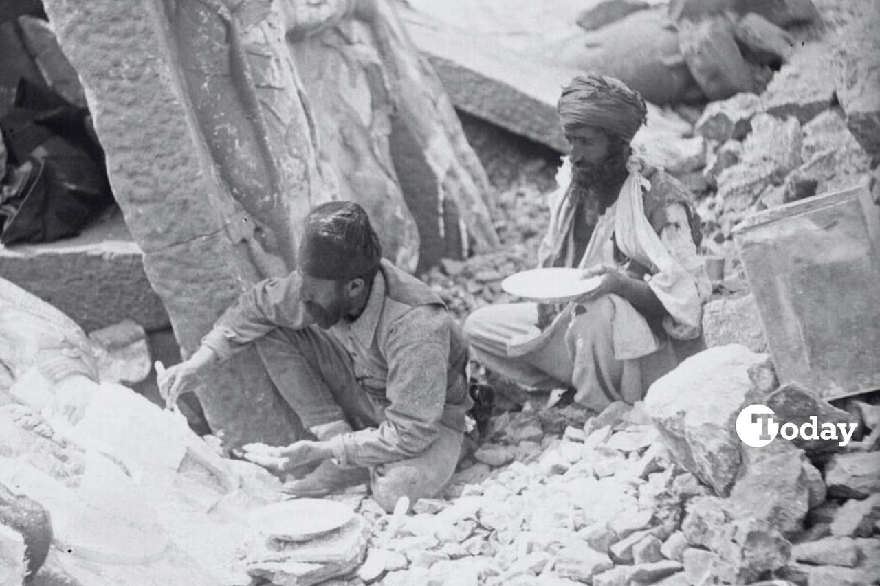 Osman Hamdi Bey at the Mount Nemrud archeological site with local assistant, in modern-day Adiyaman, Türkiye, 1883. (Photo via Cambridge University Press)