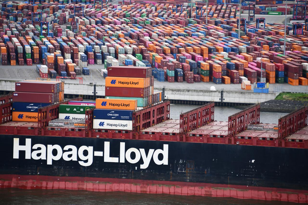 A Hapag-Lloyd cargo vessel is docked at the Tollerort container terminal in Hamburg, Germany on September 16, 2024. (Adobe Stock Photo)