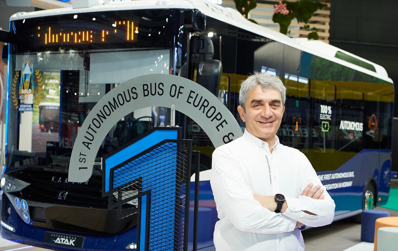 Karsan CEO Okan Bas poses in front of the company's Level-4 autonomous electric bus, the e-ATAK, accessed on May 26, 2025. (Photo via karsan.com)