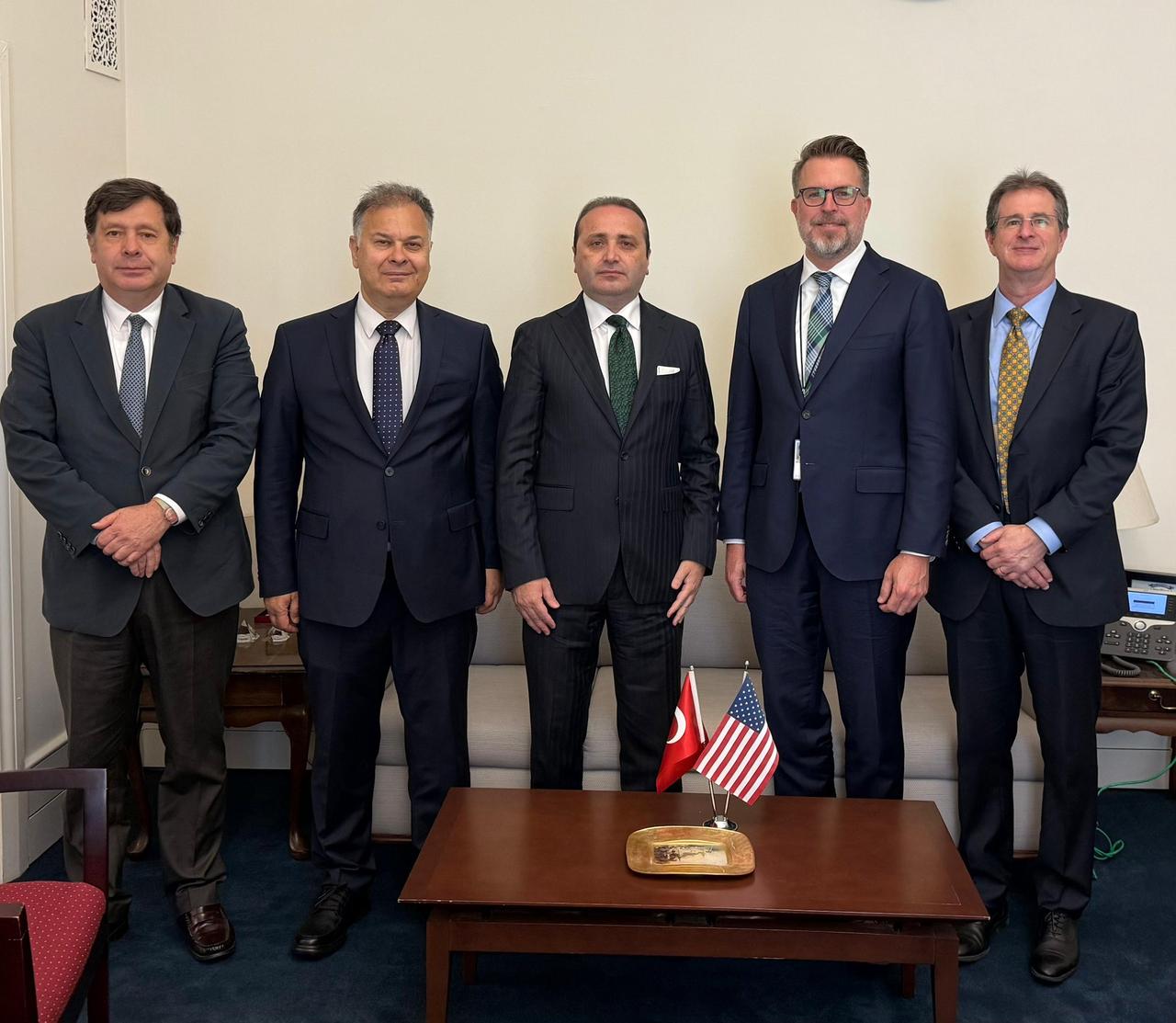 Deputy Trade Minister Mustafa Tuzcu (center left) meets with U.S. Deputy Trade Representative Bryant Trick (center right) and accompanying officials during a trade meeting in Washington, D.C., on May 22, 2025. (Photo via X/@ticaret)