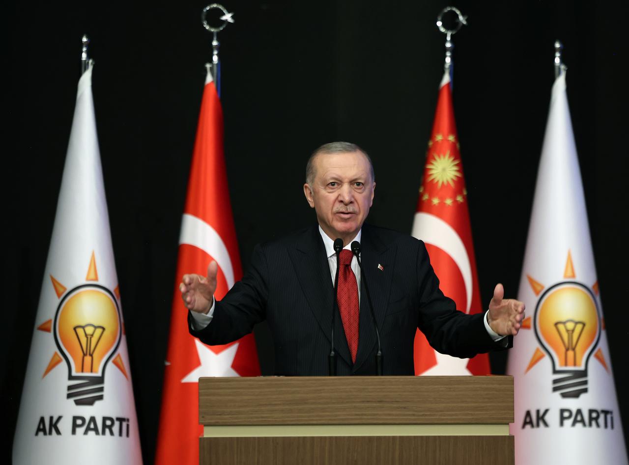 Turkish President and Justice and Development Party Chairman Recep Tayyip Erdogan delivers a speech as he attends the  Extended Provincial Heads Meeting  held at the partys headquarters in Ankara, Turkiye on May 27, 2025. (Turkish Presidency)