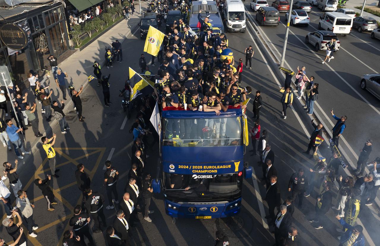 Fenerbahce Beko team touring streets and greeting fans with their trophy after Fenerbahce Beko wins 2nd Turkish Airlines Euroleague title in Istanbul, Türkiye on May 27, 2025: (AA Photo)