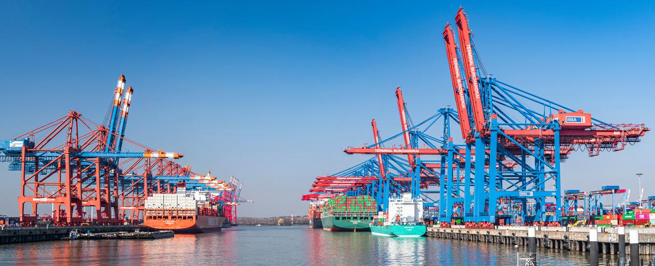 Container ships dock at the Eurogate and HHLA Burchardkai terminals in Waltershof at the Port of Hamburg, Germany, on March 23, 2022. (Adobe Stock Photo)