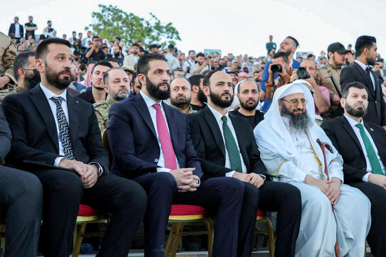 This handout picture released by the official Syrian Arab News Agency (SANA) shows Syrias interim president Ahmed al-Sharaa (2nd-L) attending an event at the Aleppo Citadel on May 27, 2025 to mark six months since then-rebel forces captured the northern city of Aleppo from ousted president Bashar al-Assads forces, paving the way to seize other major cities. (AFP Photo)