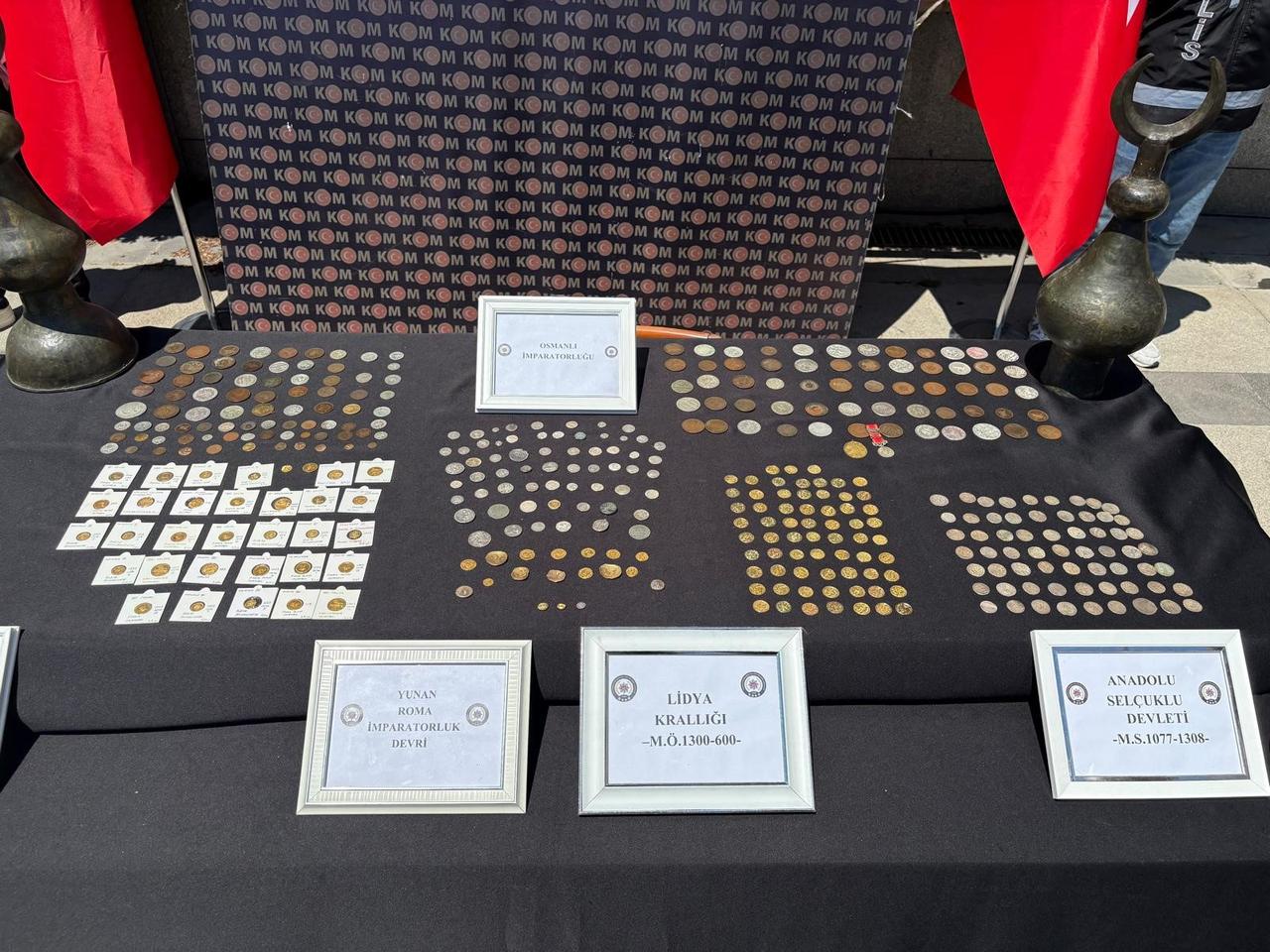 Ancient coins seized during an antiquities operation in Istanbul, Türkiye, 28 May 2025. (IHA Photo)