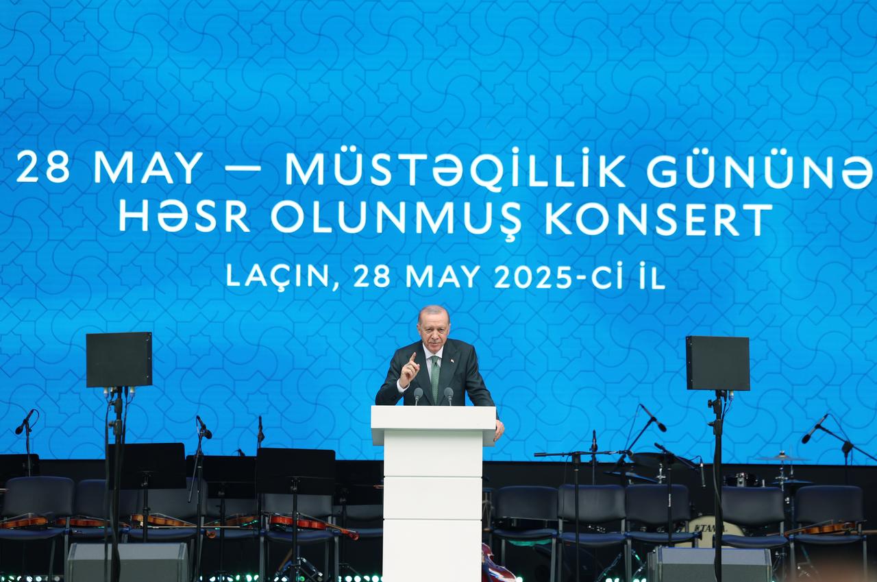 Turkish President Recep Tayyip Erdogan makes a speech as he attends the event held within Azerbaijan Independence Day in Lachin, Azerbaijan, on May 28, 2025. (AA Photo)