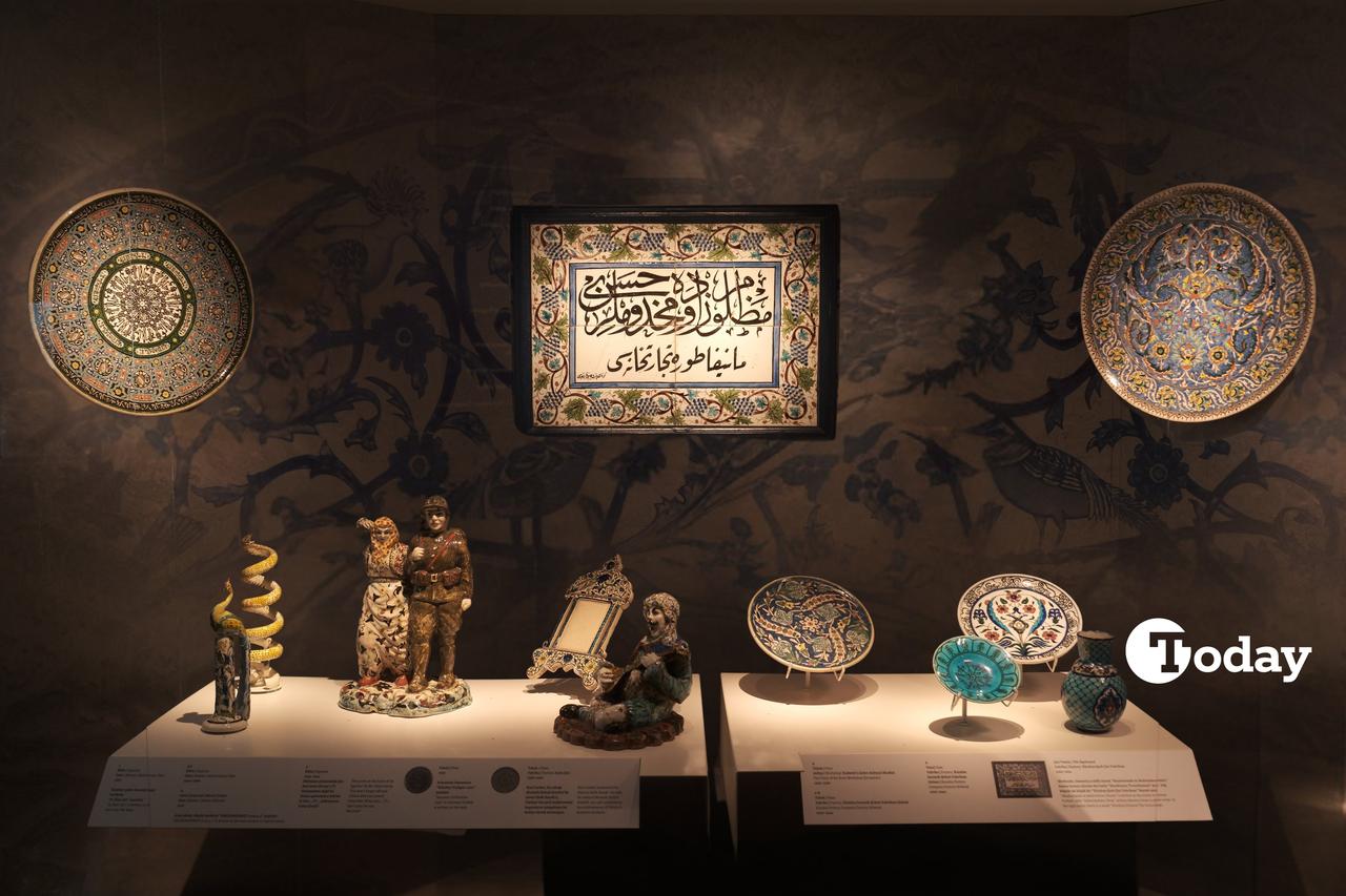 Artifacts from the “Parallel Worlds” section of the exhibition  Extraordinary Minas: The Story of Inspiration and Innovation in Kutahya Tiles and Ceramics,  on view at the Pera Museum in Istanbul, Türkiye, May 27, 2025. (Photo via Koray Erdogan/Türkiye Today)