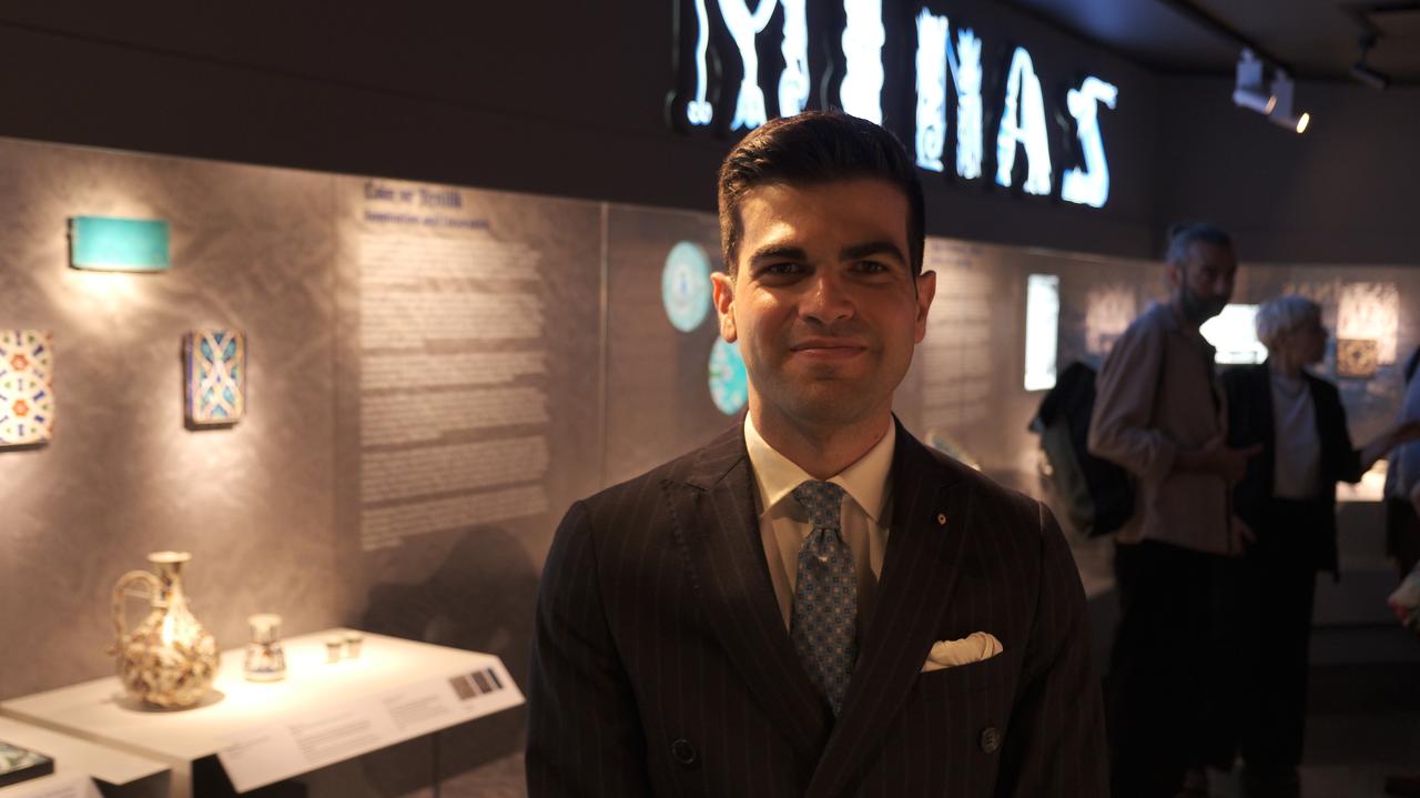 Curator Yavuz Selim Guler of the exhibition "Extraordinary Minas: The Story of Inspiration and Innovation in Kutahya Tiles and Ceramics" at the Pera Museum in Istanbul, Türkiye, May 27, 2025. (Photo via Koray Erdogan/Türkiye Today)