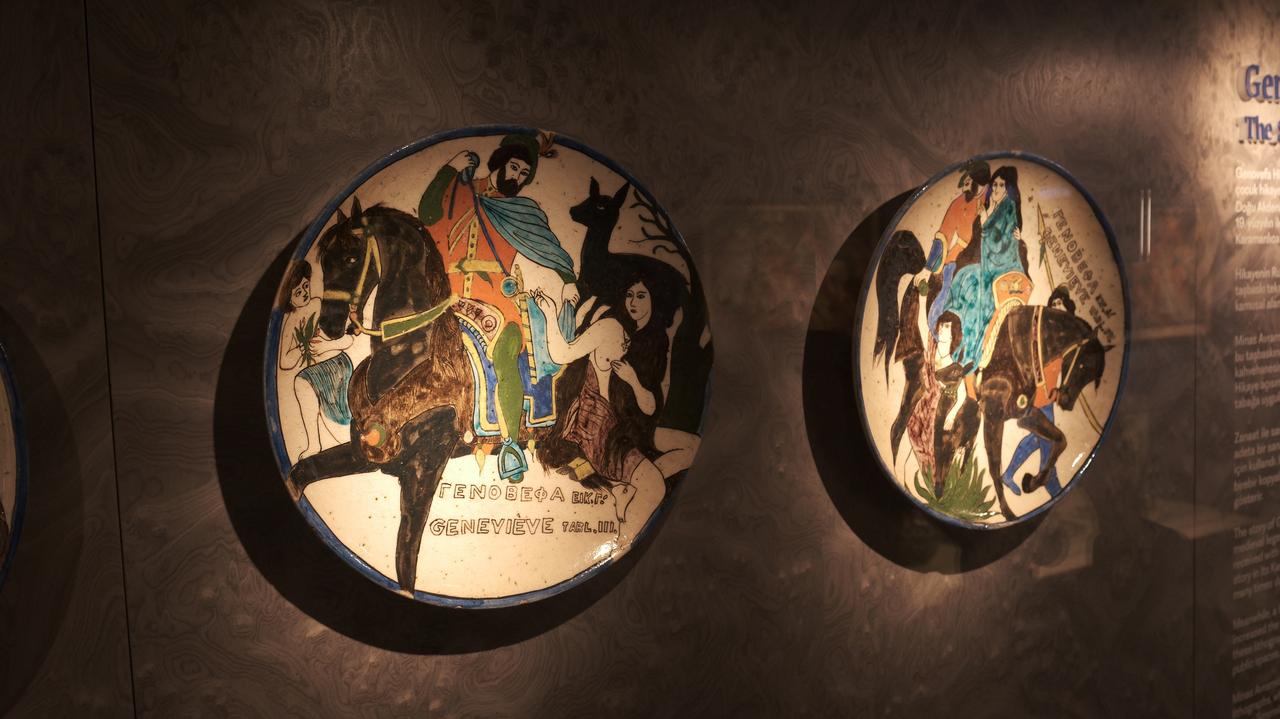 Artifacts from the “The Story of Genovefa” section of the exhibition "Extraordinary Minas: The Story of Inspiration and Innovation in Kutahya Tiles and Ceramics," on view at the Pera Museum in Istanbul, Türkiye, May 27, 2025. (Photo via Koray Erdogan/Türkiye Today)