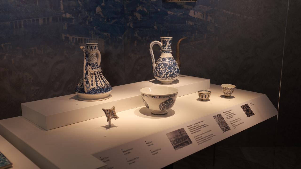 Artifacts from the “Heritage of the Distant Past” section of the exhibition "Extraordinary Minas: The Story of Inspiration and Innovation in Kutahya Tiles and Ceramics," on view at the Pera Museum in Istanbul, Türkiye, May 27, 2025. (Photo via Koray Erdogan/Türkiye Today)