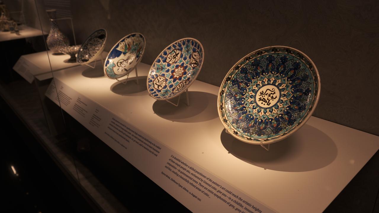 Artifacts from the “Inspiration and Innovation” section of the exhibition "Extraordinary Minas: The Story of Inspiration and Innovation in Kutahya Tiles and Ceramics," on view at the Pera Museum in Istanbul, Türkiye, May 27, 2025. (Photo via Koray Erdogan/Türkiye Today)
