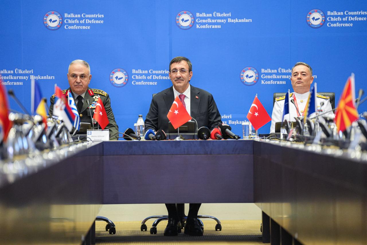 ISTANBUL, TURKIYE - MAY 28: Vice President of Turkiye, Cevdet Yilmaz (C), delivers a speech during the 18th Balkan Countries Chiefs of Defence Conference in Istanbul, Turk?ye, on May 28, 2025.  ( Cemal Yurtta? - Anadolu Agency )