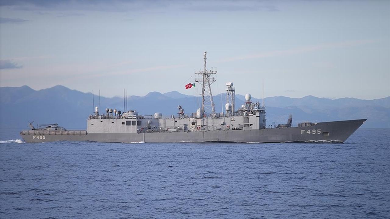 The Turkish Gabya-class frigate TCG Gediz (F-495) attends the NATOs Dynamic Manta 2024 exercise in the Mediterranean Sea off the coast of Sicily in Italy on February 26, 2024. (AA Photo)