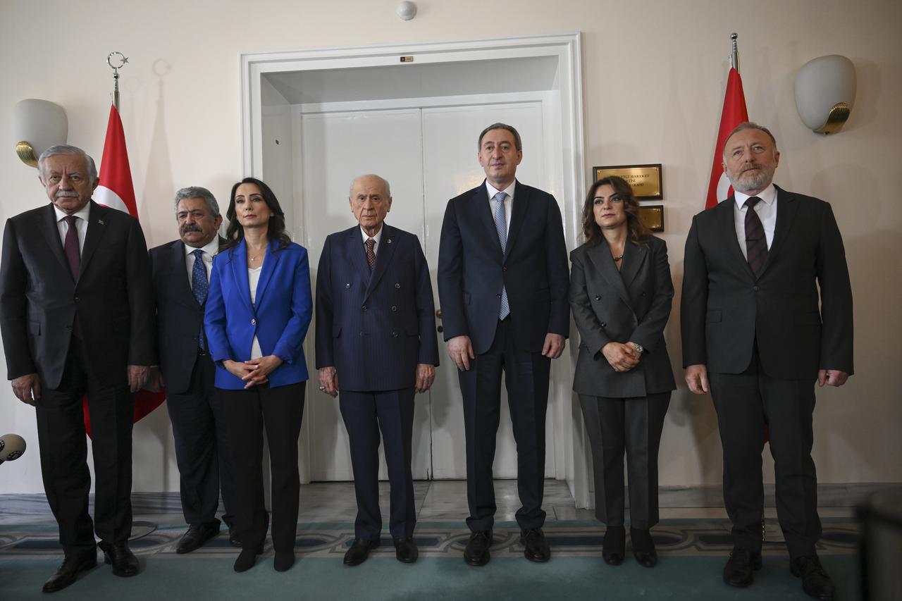 Nationalist Movement Party (MHP) Chairman Devlet Bahceli meets DEM Party Co-Chairs Tulay Hatimogullari and Tuncer Bakirhan, DEM Party Group Deputy Chairman and Mus MP Sezai Temelli in Grand NAtional Assembly of Turkiye in Ankara, Turkiye on May 27, 2025. (AA Photo)