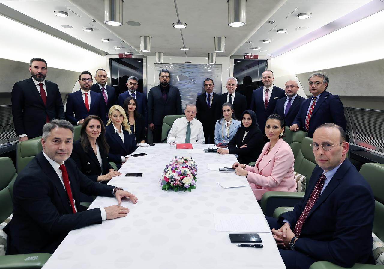 President Recep Tayyip Erdogan spoke to reporters on the plane on his way back home after visiting Lachin, Azerbaijan, to celebrate Azerbaijan's Independence Day on May 28. (AA Photo)