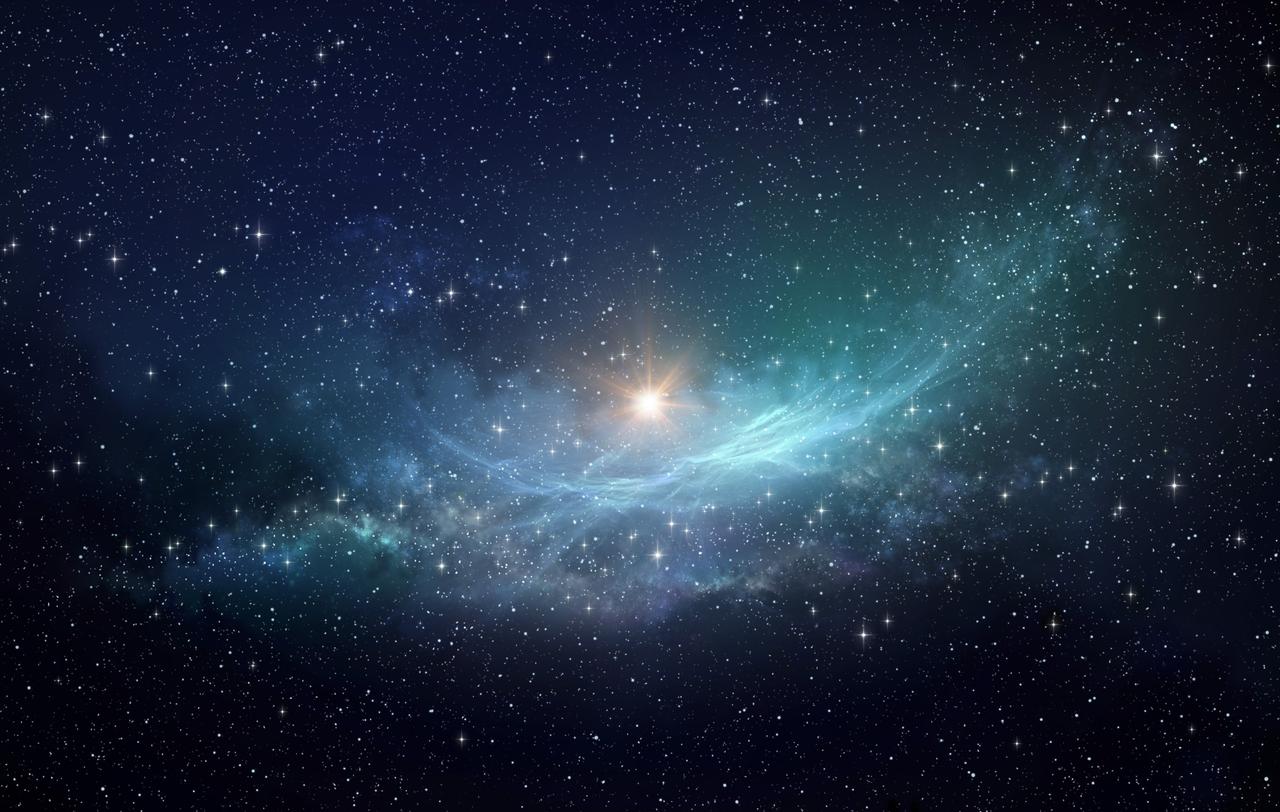 A perspective from space showing a spiral galaxy and its surrounding stars. (Adobe Stock Photo)