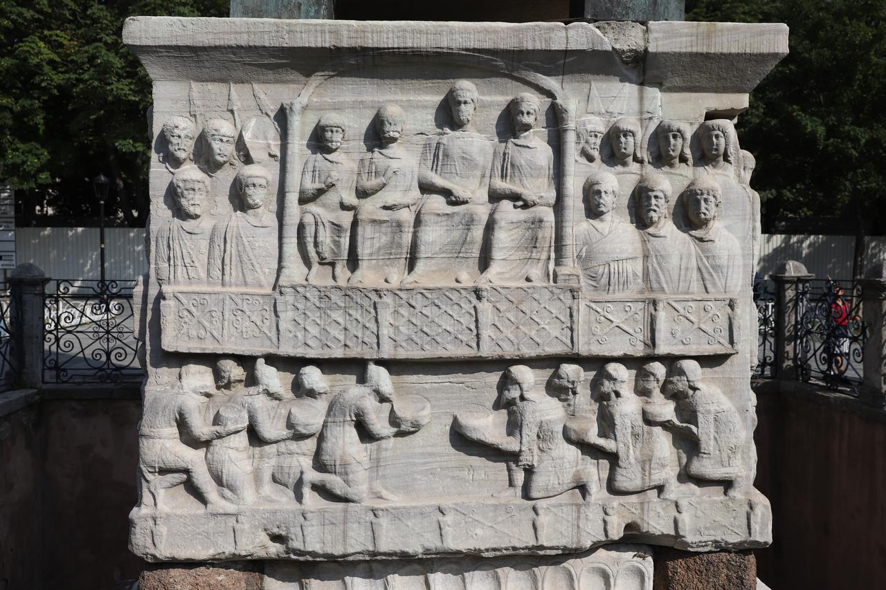 Detail of the pedestal of Obelisk of Theodosius in the center of Sultanahmet Square, Istanbul, Türkiye. (Adobe Stock Photo)