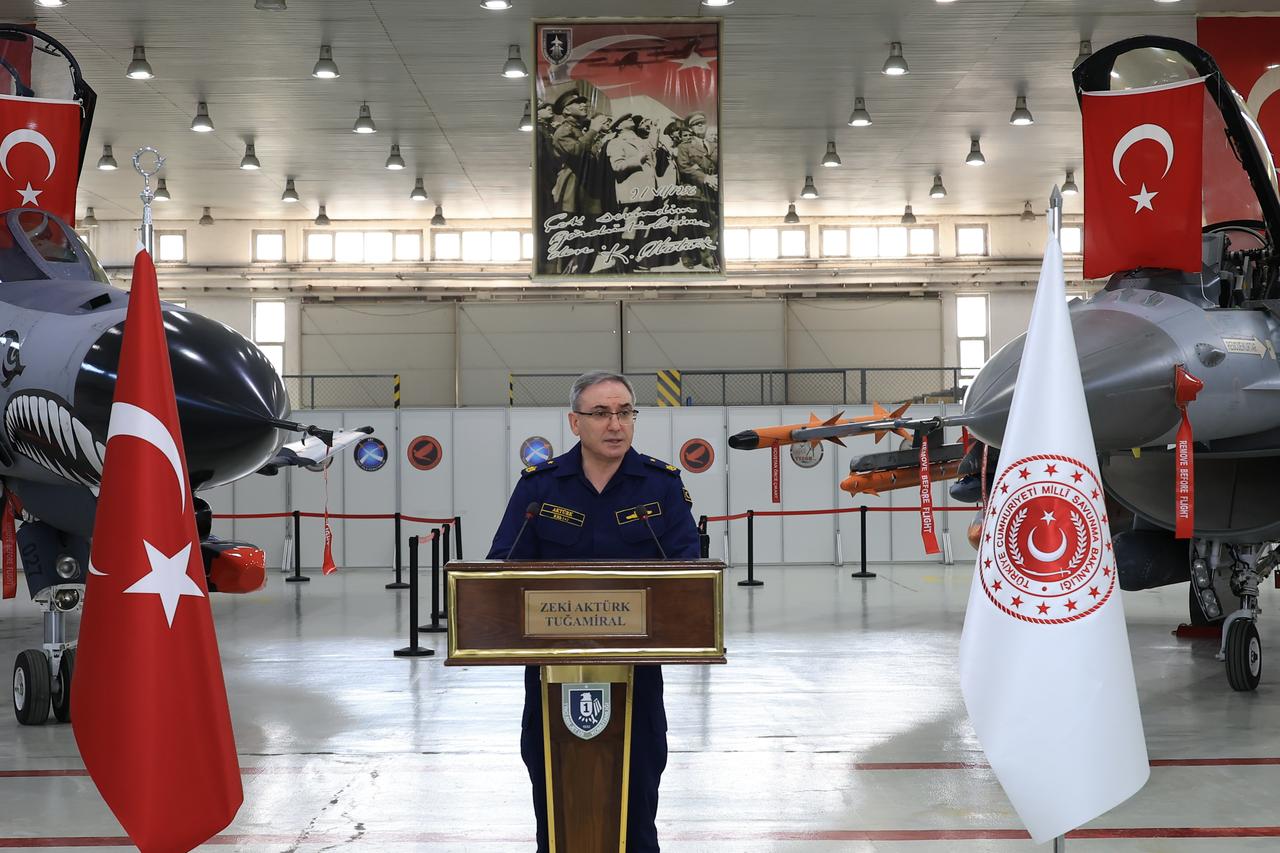 Rear Admiral Zeki Akturk, Press and Public Relations Advisor and Spokesperson for the Ministry of National Defense (MoD), spoke at the weekly press briefing held at the 1st Main Jet Base Command in Eskisehir, Türkiye on 29 May, 2025. (AA Photo)