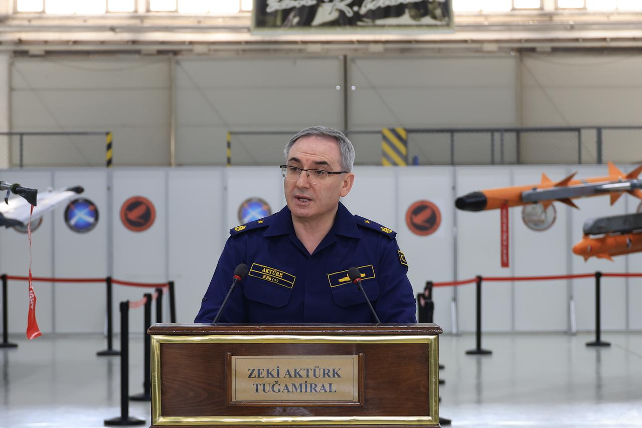 Rear Admiral Zeki Akturk, Press and Public Relations Advisor and Spokesperson for the Ministry of National Defense (MoD), spoke at the weekly press briefing held at the 1st Main Jet Base Command in Eskisehir, Türkiye on 29 May, 2025. (AA Photo)