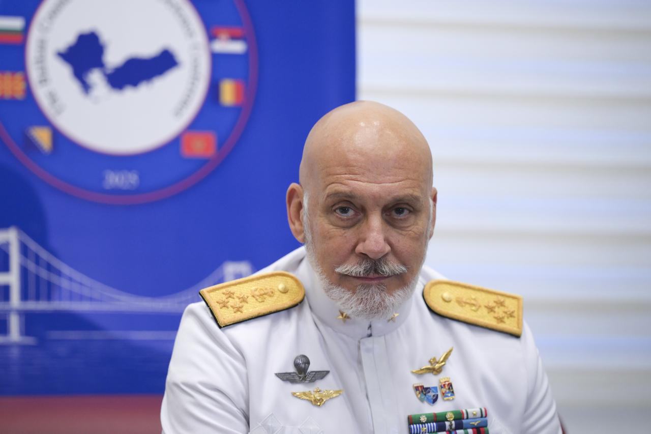 NATO Military Committee Chairman Admiral Giuseppe Cavo Dragone makes statements to the press members after the 18th Conference of the Chiefs of Staff of the Balkan Countries held at the Multinational Joint Warfare Center Command in Istanbul, Türkiye on May 28, 2025. (AA Photo)