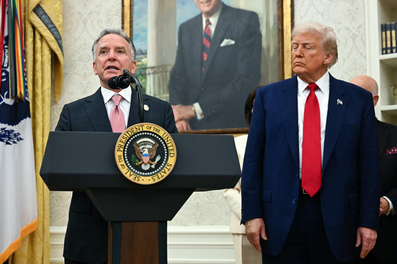 US Special Envoy to the Middle East Steve Witkoff (L) speaks as US President Donald Trump looks on during a swearing in ceremony for interim US Attorney for the District of Columbia Jeanine Pirro in the Oval Office of the White House in Washington, DC, on May 28, 2025. (Photo by Jim WATSON / AFP)