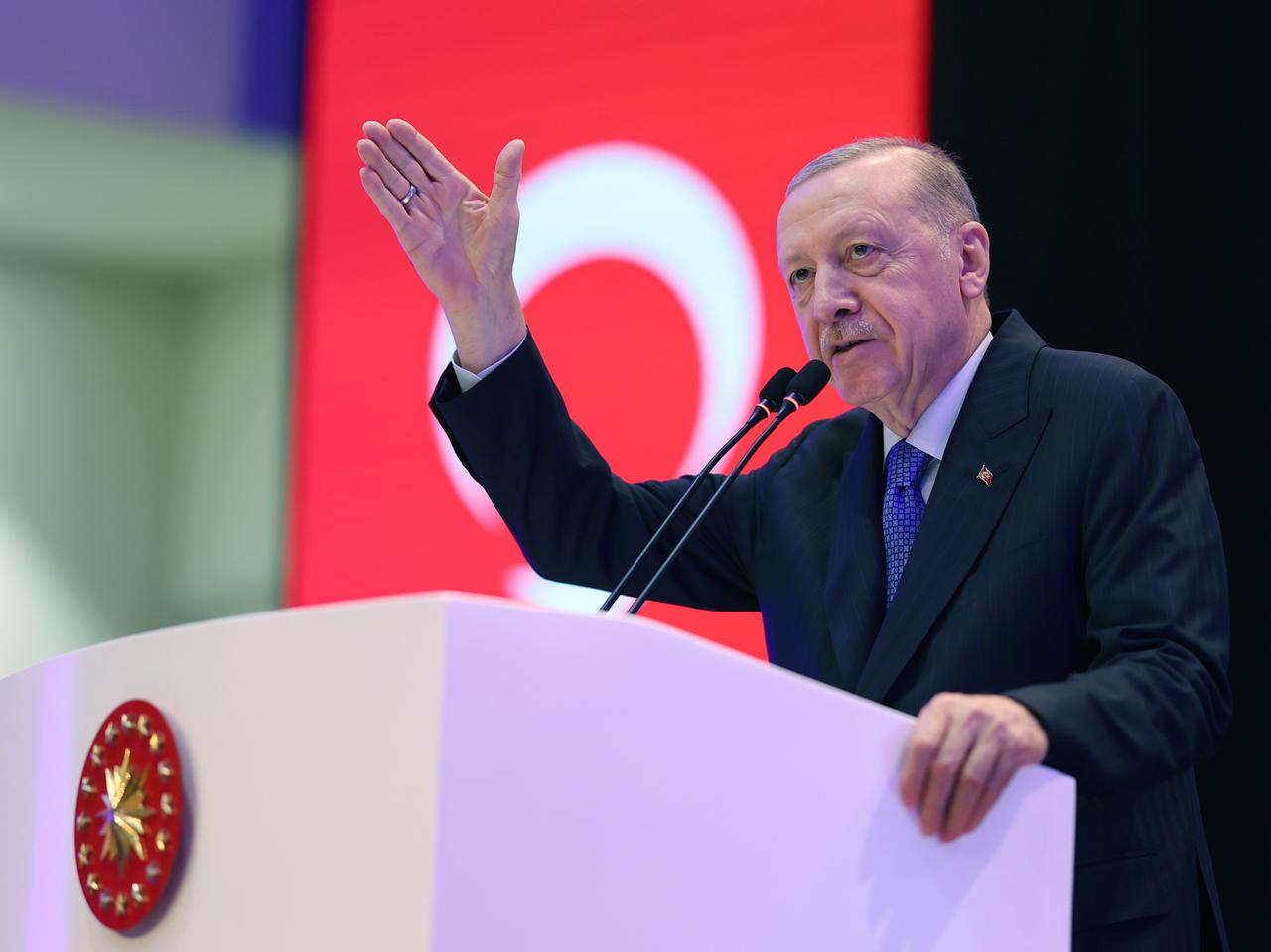 LEFKOSIA, TRNC - MAY 3: (----EDITORIAL USE ONLY - MANDATORY CREDIT - 'TURKISH PRESIDENCY / MURAT CETINMUHURDAR / HANDOUT' - NO MARKETING NO ADVERTISING CAMPAIGNS - DISTRIBUTED AS A SERVICE TO CLIENTS----) Turkish President Recep Tayyip Erdogan delivers a speech as he attends the opening ceremony of the TRNC Presidential and Republic Assembly Complex in Lefkosia, TRNC on May 03, 2025. ( TUR Presidency/ Murat Cetinmuhurdar - Anadolu Agency )