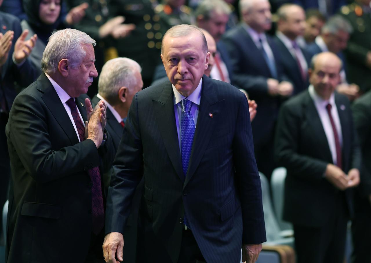 LEFKOSIA, TRNC - MAY 3: (----EDITORIAL USE ONLY - MANDATORY CREDIT - 'TURKISH PRESIDENCY / MURAT CETINMUHURDAR / HANDOUT' - NO MARKETING NO ADVERTISING CAMPAIGNS - DISTRIBUTED AS A SERVICE TO CLIENTS----) Turkish President Recep Tayyip Erdogan delivers a speech as he attends the opening ceremony of the TRNC Presidential and Republic Assembly Complex in Lefkosia, TRNC on May 03, 2025. ( TUR Presidency/ Murat Cetinmuhurdar - Anadolu Agency )