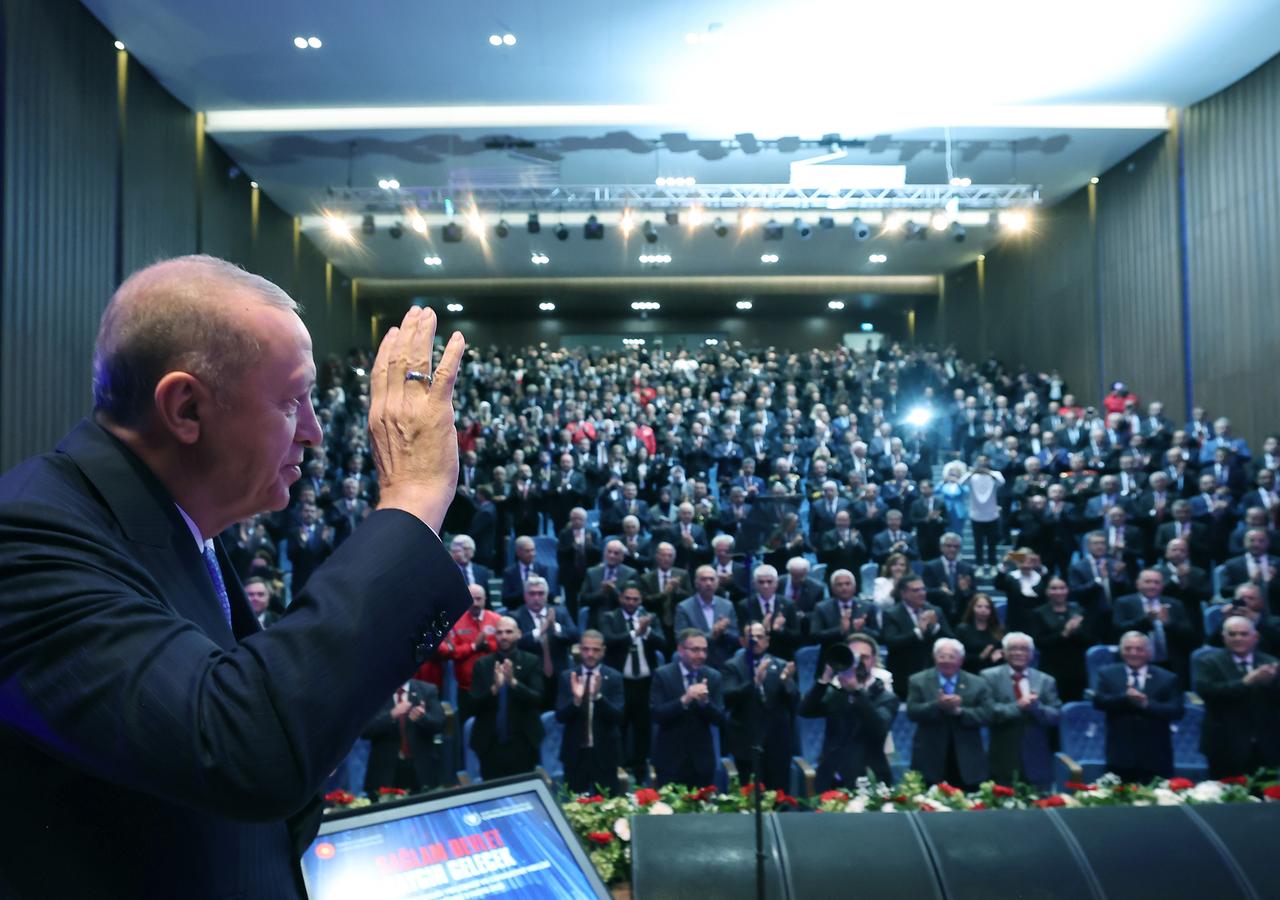 LEFKOSIA, TRNC - MAY 3: (----EDITORIAL USE ONLY - MANDATORY CREDIT - 'TURKISH PRESIDENCY / MURAT CETINMUHURDAR / HANDOUT' - NO MARKETING NO ADVERTISING CAMPAIGNS - DISTRIBUTED AS A SERVICE TO CLIENTS----) Turkish President Recep Tayyip Erdogan delivers a speech as he attends the opening ceremony of the TRNC Presidential and Republic Assembly Complex in Lefkosia, TRNC on May 03, 2025. ( TUR Presidency/ Murat Cetinmuhurdar - Anadolu Agency )