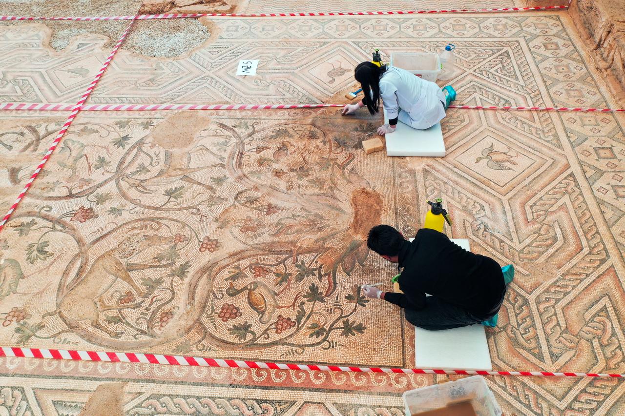 Conservation experts work on a 1,500-year-old floor mosaic, an archaeological treasure known for its intricate geometric patterns and impressive scale, found in the ancient city of Perre in Adiyaman, Türkiye, May 30, 2025. (AA Photo)