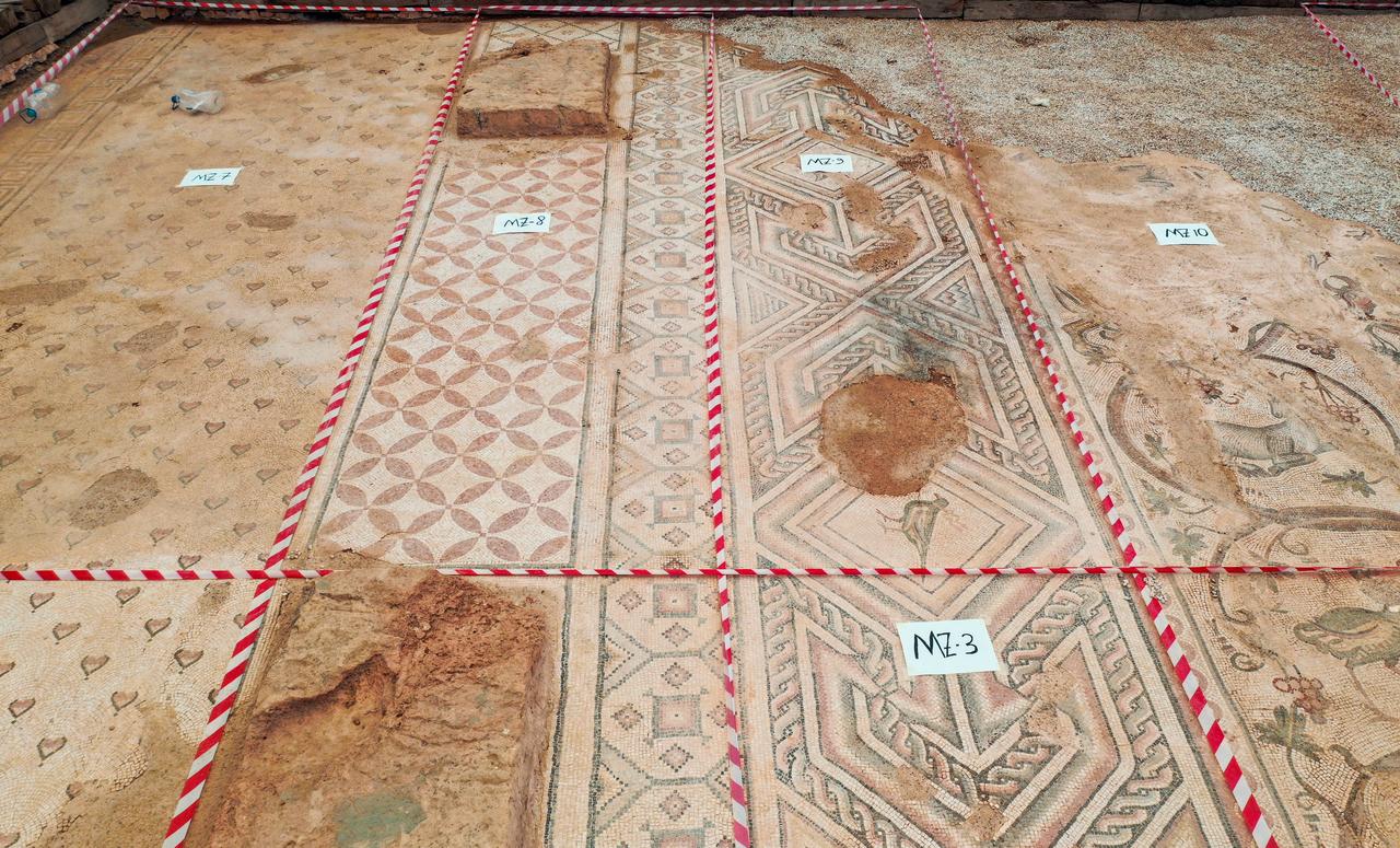 A 1,500-year-old floor mosaic, an archaeological treasure known for its intricate geometric patterns and impressive scale, found in the ancient city of Perre in Adiyaman, Türkiye, May 30, 2025. (AA Photo)