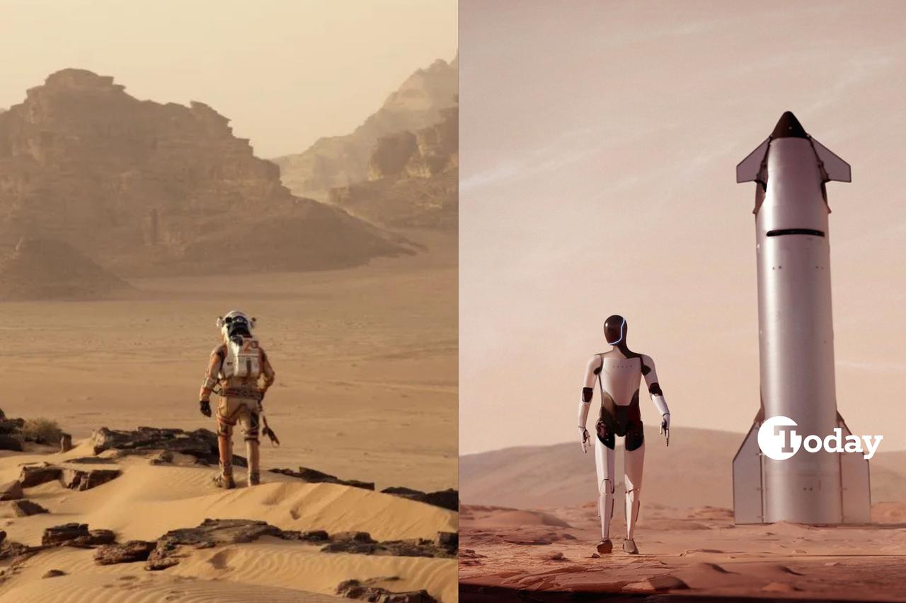 Photo collage of a still from 2015s The Martian and a conceptual image illustrating Elon Musks long-standing vision for a self-sustaining human settlement on Mars. (Photo collage by Türkiye Today team)