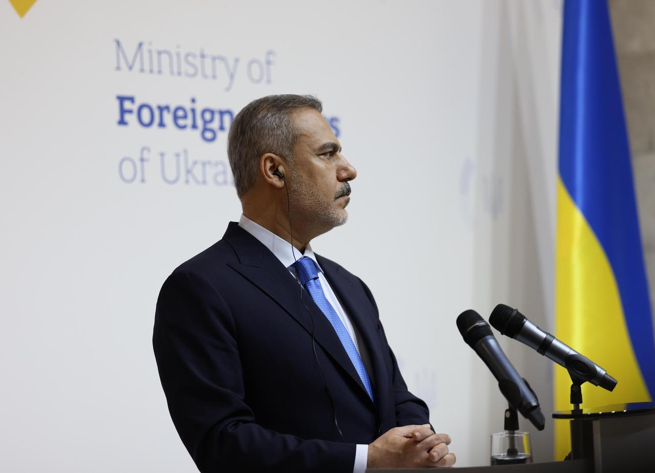 Foreign Minister Hakan Fidan and Ukrainian Foreign Minister Andriy Sybiha (not seen) hold a joint press conference in Kyiv, Ukraine on May 30, 2025. (TUR Foreign Ministry - Anadolu Agency)