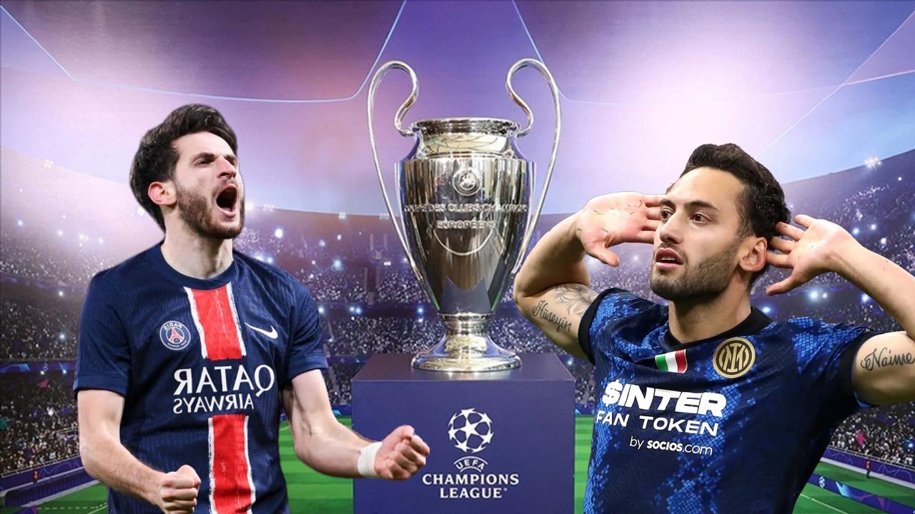 Inter’s Turkish international Hakan Calhanoglu and PSG’s Georgian Khvicha Kvaratskhelia stand with Champions League trophy in the background. (Turkiye Today)