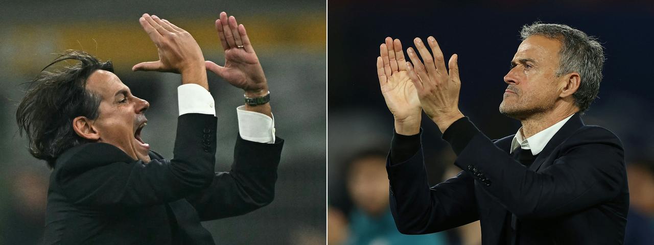 This combination of pictures created on May 28, 2025 shows Inter Milan's Italian coach Simone Inzaghi (L) reacting during the Italian Serie A football match between Inter Milan and Napoli at San Siro stadium in Milan, on November 10, 2023 and Paris Saint-Germain's Spanish coach Luis Enrique reacts after loosing the UEFA Champions League, football match between Paris Saint-Germain (PSG) and Atletico Madrid, at the Parc des Princes stadium in Paris on November 6, 2024. (AFP Photo)