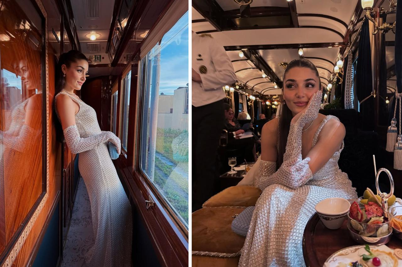 Actress Hande Ercel poses during her trip on the Orient Express, May 13, 2025. (Photo via Instagram/@handemiyy)