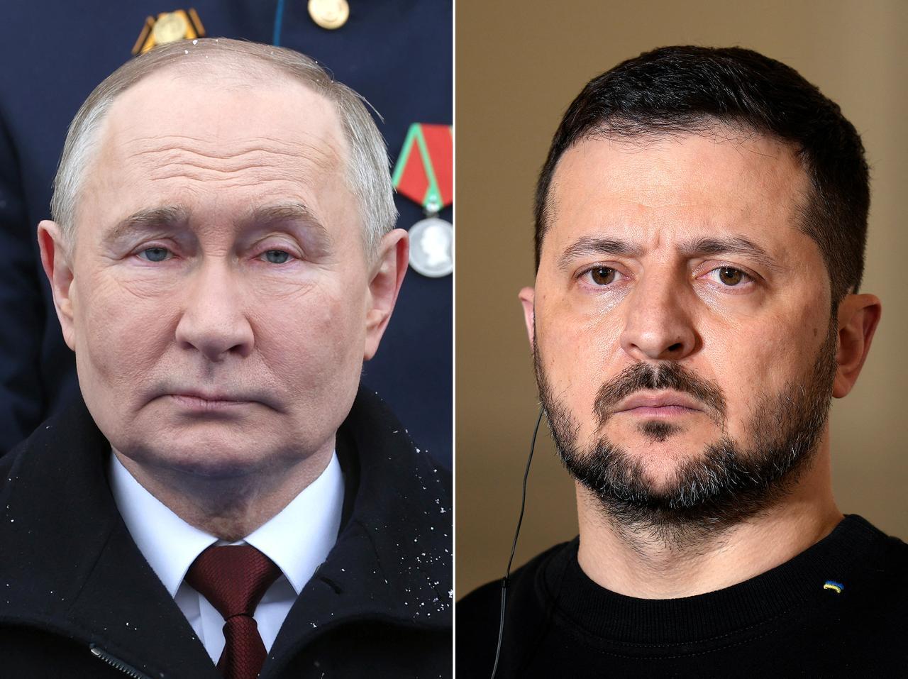 (COMBO) This combination of pictures created on May 12, 2025 shows a pool photograph distributed by Russias state agency Sputnik bearing Russian President Vladimir Putin (L) during the Victory Day military parade in central Moscow on May 9, 2024 and a picture of Ukraines President Volodymyr Zelensky during a press conference with French President at the Elysee palace in Paris on February 16, 2024. Following the visit of some European leaders to Kyiv, where they called for Russia to agree to an unconditional 30-day ceasefire to allow for peace talks, Putin proposed direct negotiations with Ukraine in Istanbul on May 15, but did not respond to the European call for a 30-day ceasefire. Zelensky said he would be prepared to meet Putin in Turkey, but did not say whether he would still attend if Russia refused the European proposal. (Photo by Mikhail KLIMENTYEV and Thibault CAMUS / POOL / AFP)